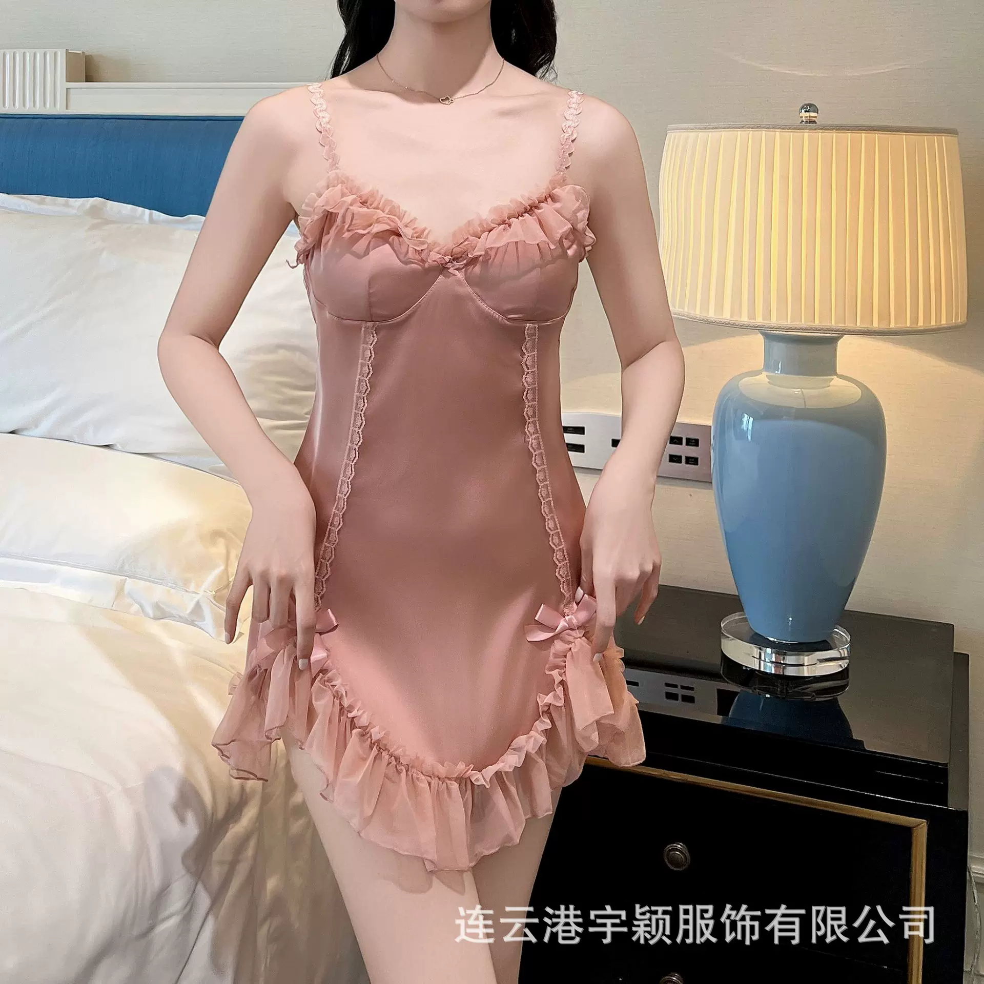 宇颖夏季性感吊带睡裙家居服网纱缎面拼接胸垫纯欲风睡衣套装2067