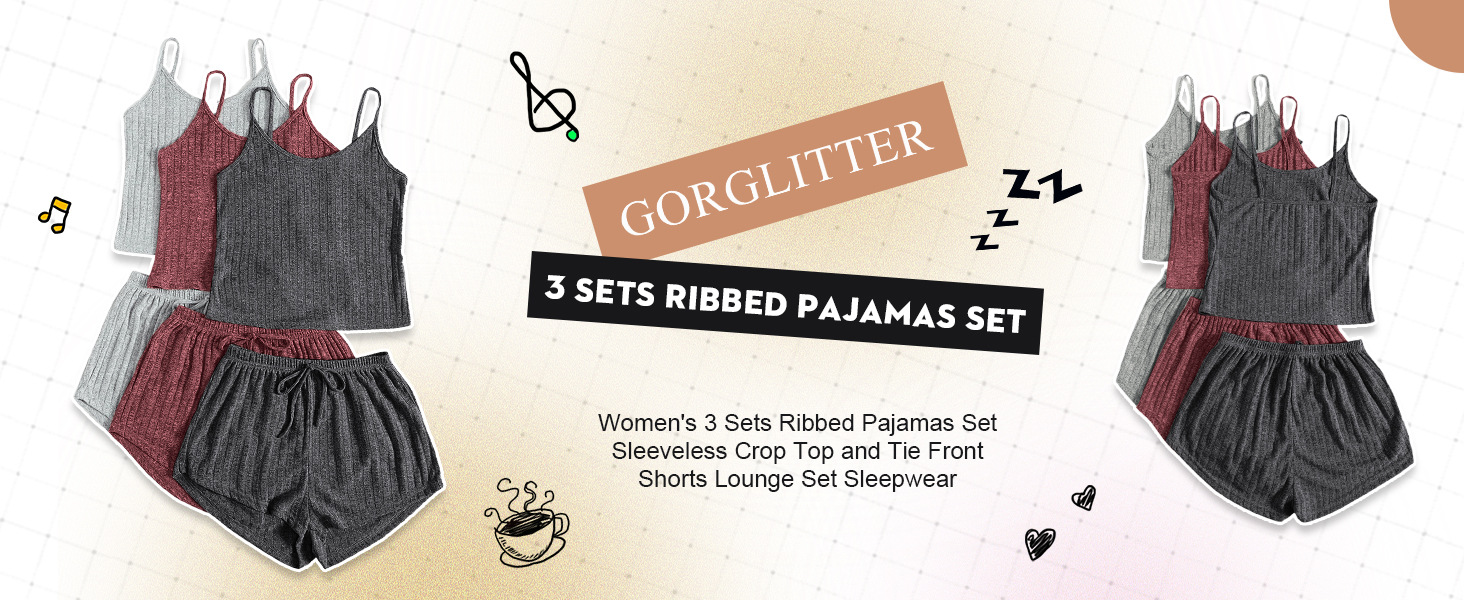 GORGLITTER Women's 3 Sets Ribbed Pajamas Set Sleeveless Crop Top and Tie Front Shorts Lounge Set