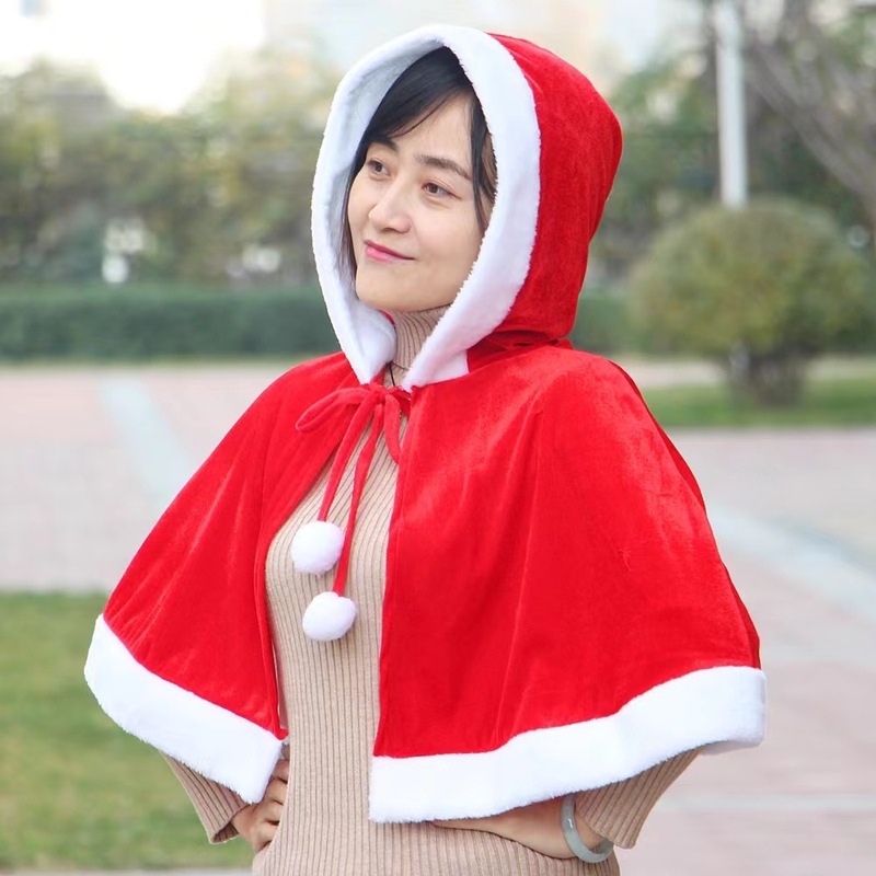 儿童圣诞老人服装红色金丝绒成人圣诞斗篷派对演出连帽披肩服饰|undefined