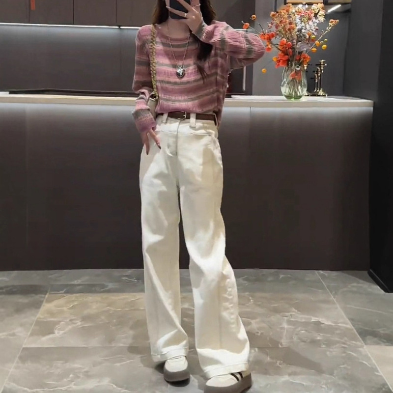 Autumn 2025 New Versatile Fashionable Striped Color-Block Knit Sweater + Leg-Lengthening Straight-Leg Jeans