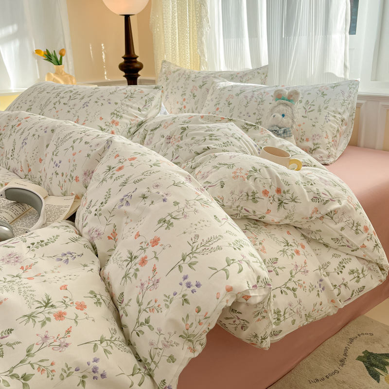 New Ins Small Fresh Pastoral Flower Cotton Four-piece Set Twill Bed Sheet Quilt Cover Bed Hat Three-piece Set Bedding 4