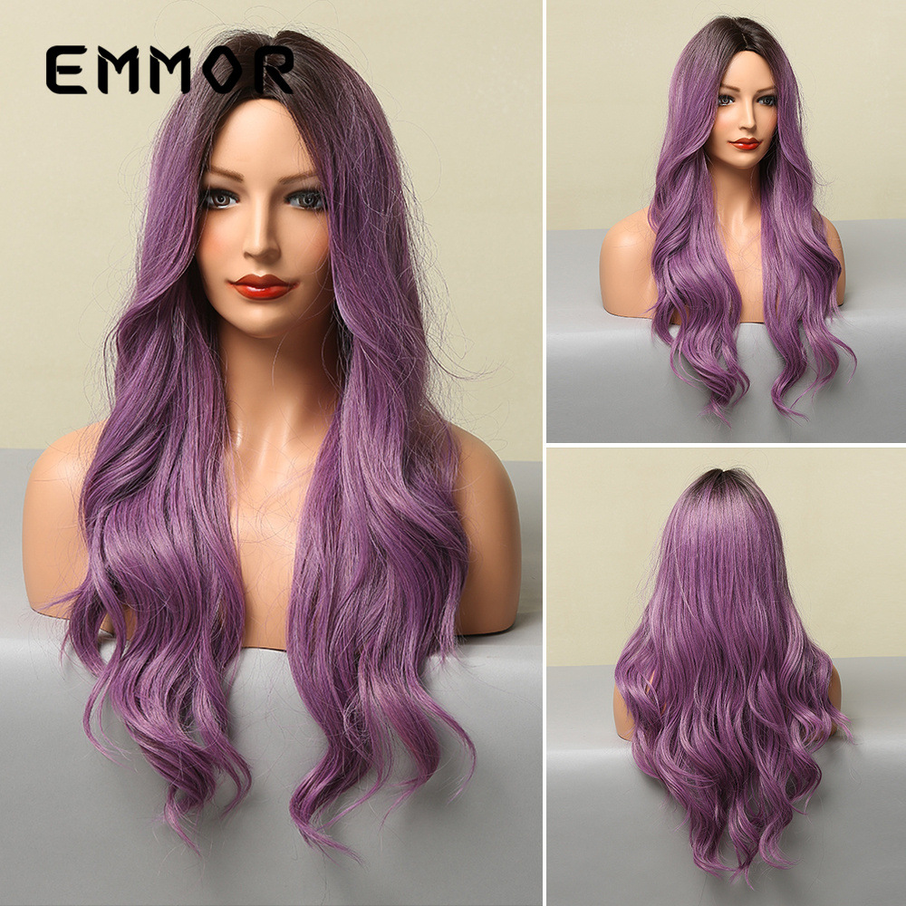La peluca europea y americana elegante y suave de onda grande púrpura degradada con capucha de cabeza completa más vendida de Amazon para mujer