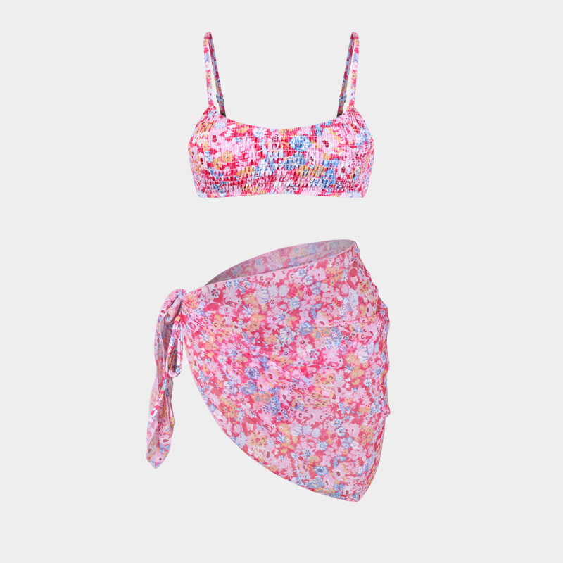Women's Split Bikini Three-piece Swimsuit Floral Beach Wrap Set_voghion.com