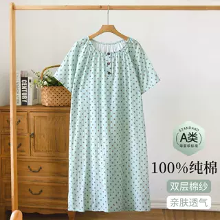 双层纯棉纱布睡裙女款夏季薄款日系波点可外穿全棉短袖睡衣连衣裙
