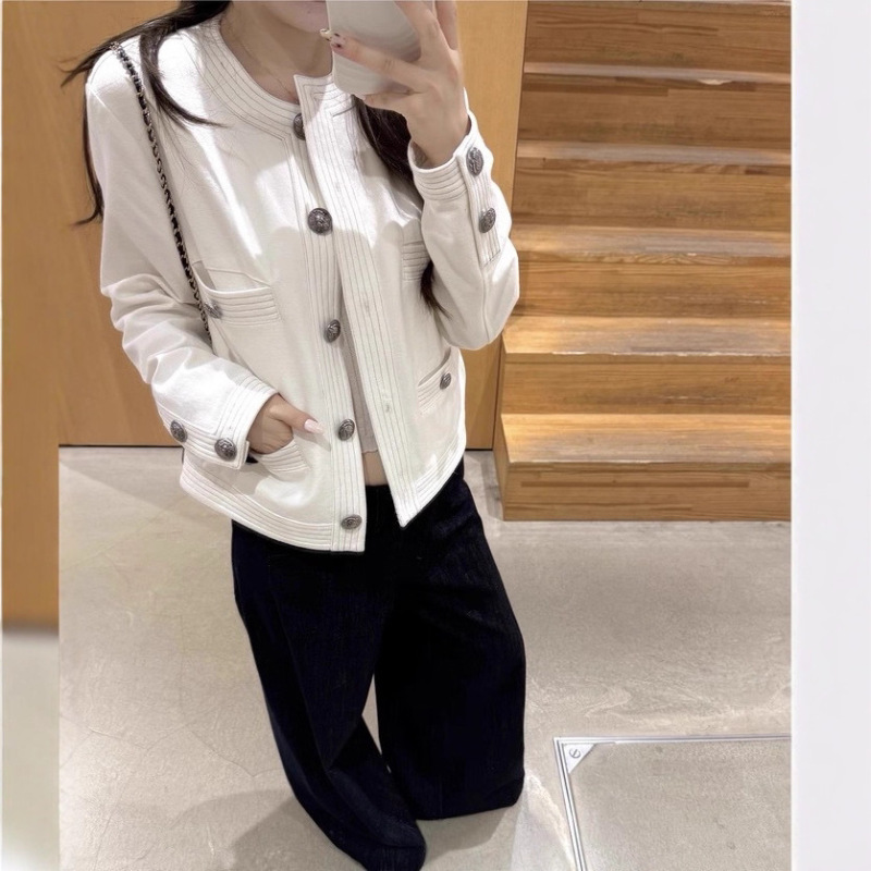 Zzpaltte Chanel-Style White Denim Short Jacket with Contrasting Stitching for Women, Autumn Jacket, White Denim Jacket
