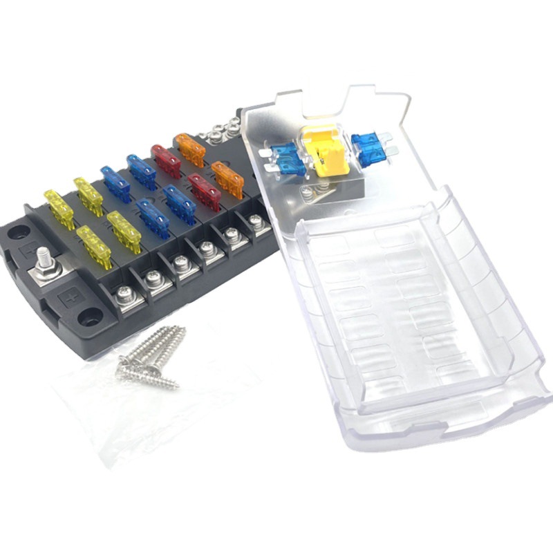 汽车12路保险盒 带锁扣透明绝缘盖 配贴纸+保险丝插片 一进12出