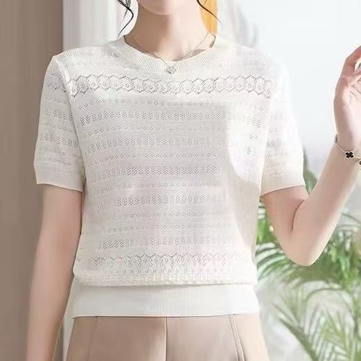 Knitted Sweater 2026 Summer New Style Round Neck Short-Sleeved T-Shirt for Women, Loose and Slimming, Thin Hollow Jacquard Top