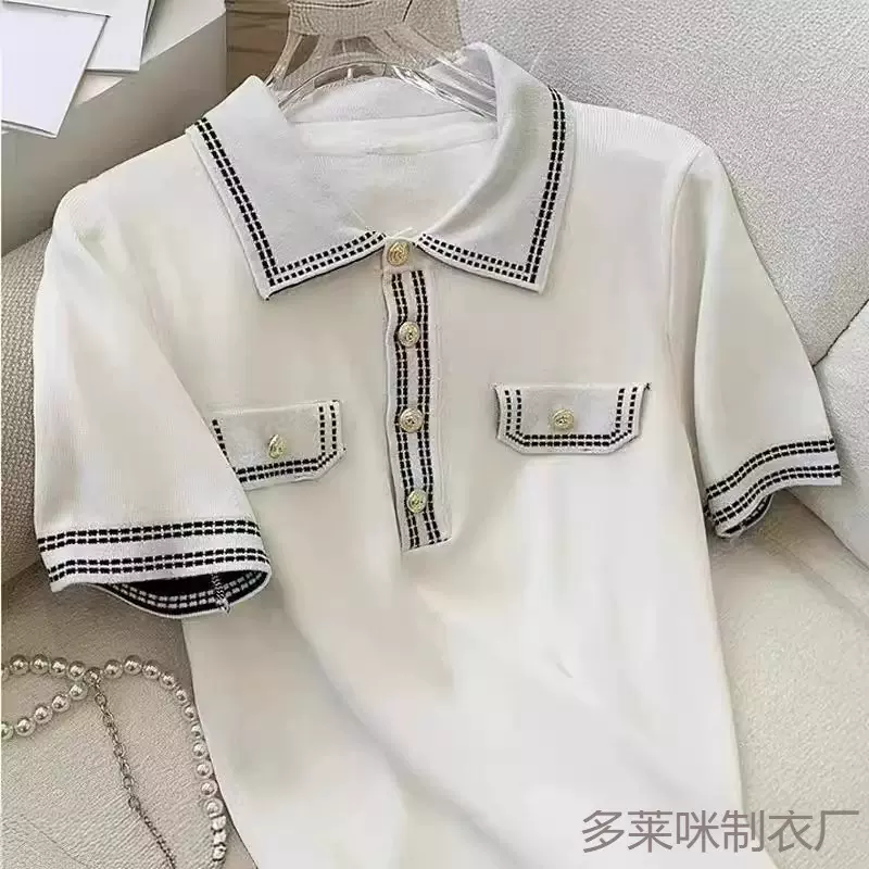 夏季新款冰丝polo领针织衫撞色小香风温柔风时尚百搭上衣女