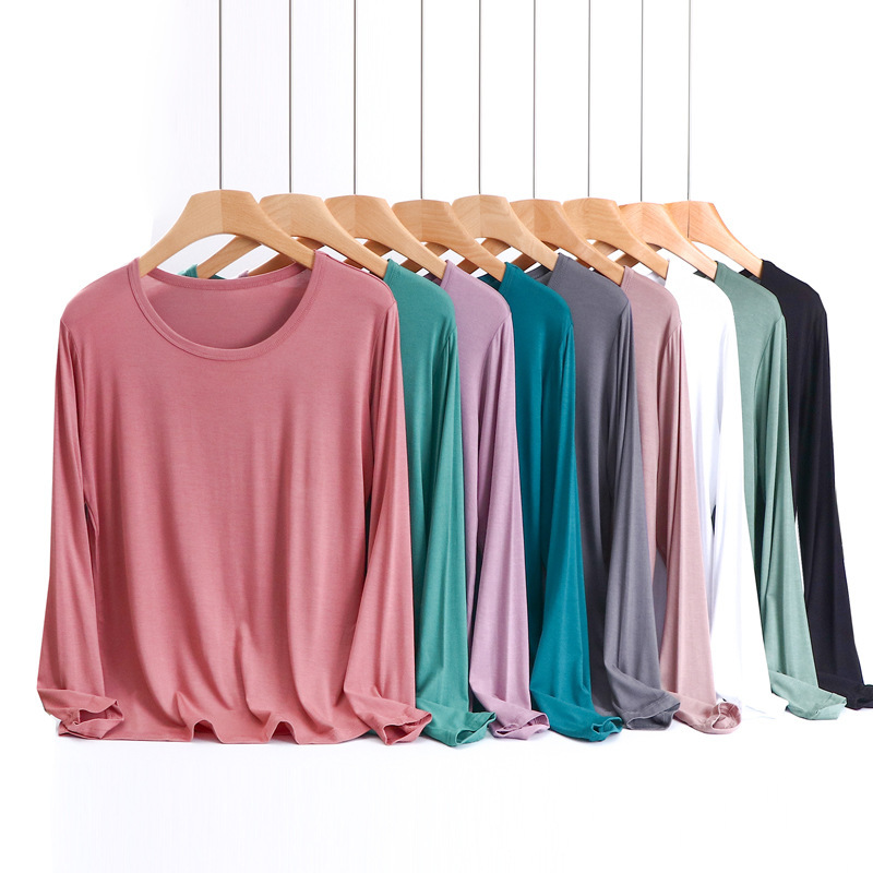 Modal Plus-size Crew Neck Long-sleeved T-shirt Base Shirt Stretch plus size Basic Solid Color All-match Top for Women
