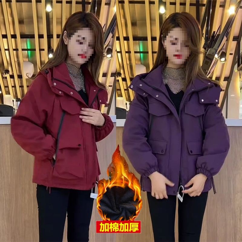 韩版宽松冲锋衣夹棉外套女秋冬季新款设计感连帽棉服保暖棉衣