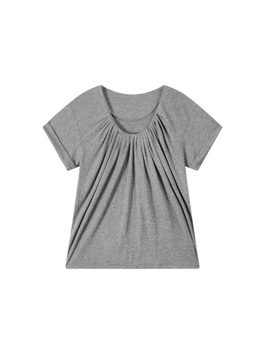 200g Cotton Pleated U-Neck Regular Shoulder Short-Sleeve Women's Han Style High-End Versatile Loose Slimming Top