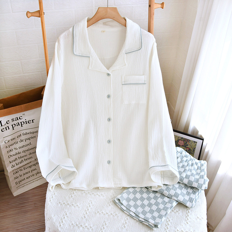 New pajamas home wear women's cotton underwear long-sleeved trousers suit summer AB double-layer crepe cotton women's summer