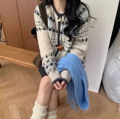 高级感复古费尔岛提花圆领针织开衫女秋冬加厚单排扣宽松毛衣外套