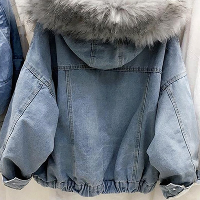 Women's denim cotton coat women's winter new Korean style loose hooded plus velvet thickened cotton coat cotton coat top for women_voghion.com