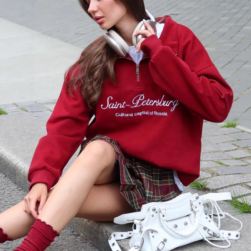 Polo Collar European and American Cross-Border Spring & Fall New Suit Long-Sleeved Half-Zip Pure Color Loose Fashion Women's Sweatshirt