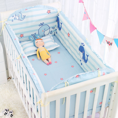 嬰兒床上用品嬰兒床床圍寶寶床帏新生兒4片圍藍色海豚可代發貼牌