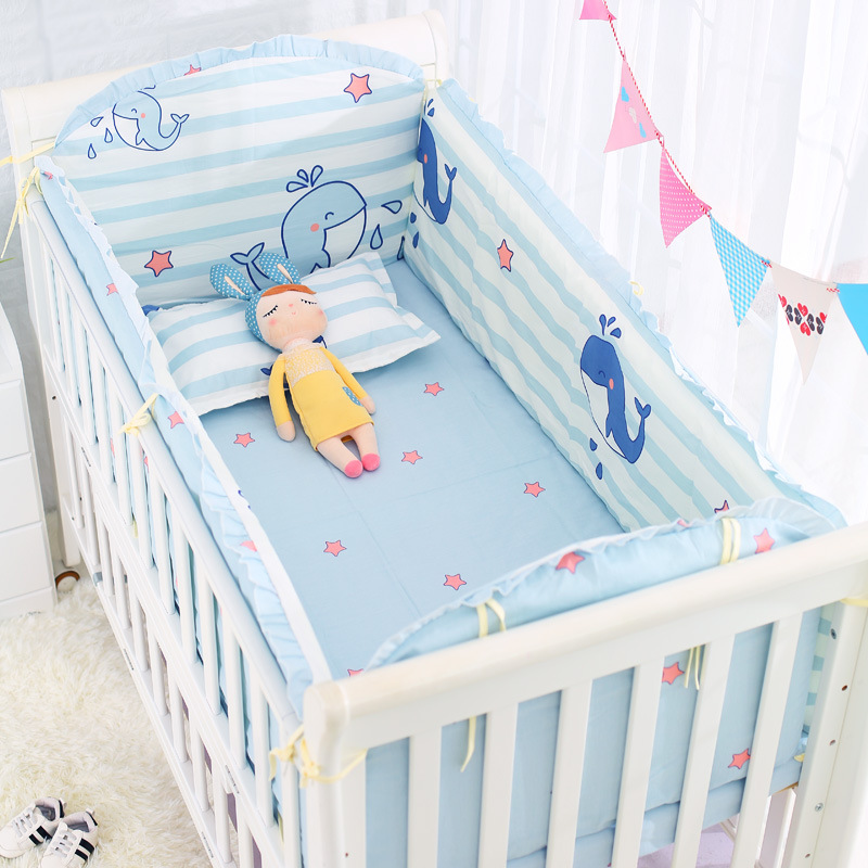 嬰兒床上用品嬰兒床床圍寶寶床帏新生兒4片圍藍色海豚可代發貼牌