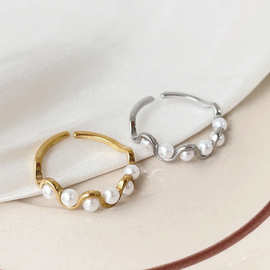工厂批发 韩式立体波浪珍珠开口戒指不锈钢戒指女高保色金银两色