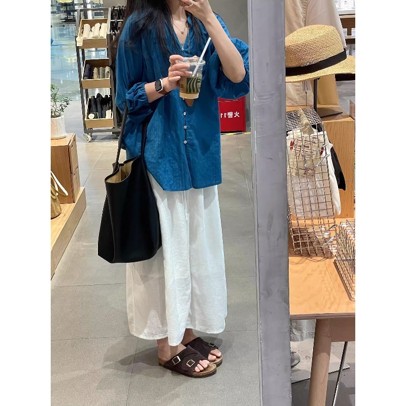 蓝色棉麻衬衫女秋季薄款v领纽扣设计感防晒上衣女慵懒气质娃娃衫|undefined