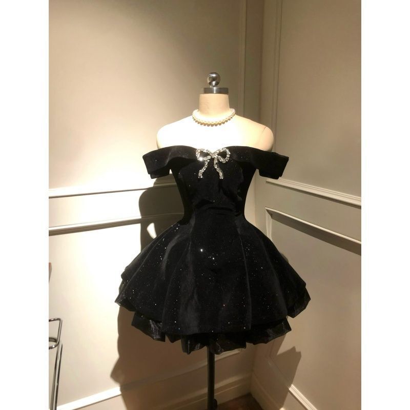 法式名媛千金高级感蝴蝶结一字肩连衣裙夏季新款时尚生日礼服裙女|undefined