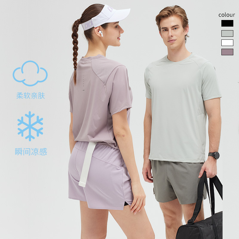 Nylon Quick-Drying Sports Short-Sleeved Men's Summer Round-Neck High-Elastic Spliced Ice Silk Breathable Running Training Clothing Sports Top