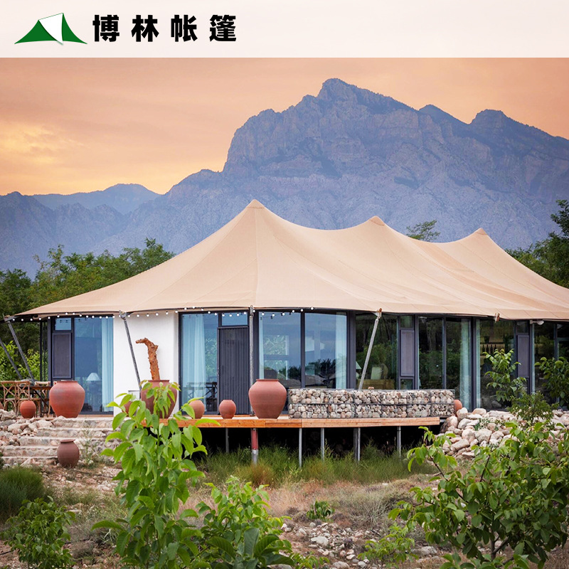 户外酒店帐篷欧式尖顶接待大厅峰型张拉膜营地结构景区野营