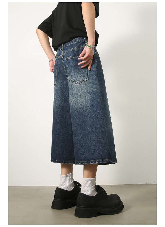 Quần short denim nam dáng rộng ống suông — Da bò thô màu đen, Xanh denim thô, Xanh đậm, Đen xám chi tiết 22