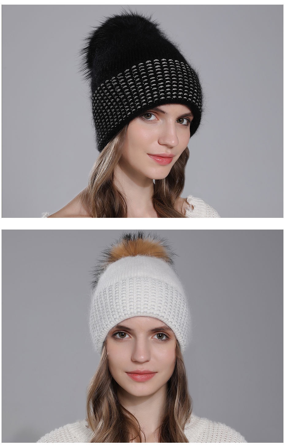 Ægte vaskebjørnepelsbold til kvinder, kaninhår strikket varmt til børn, moderigtig vinteruldhue_voghion.com