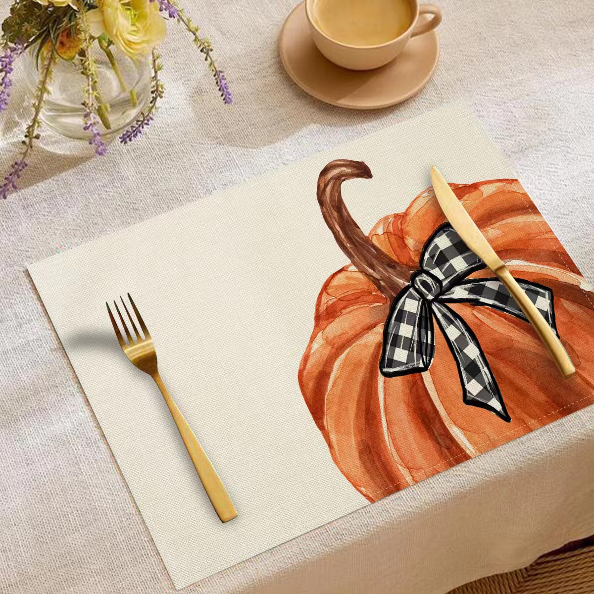 Transfronterizo temu explosión Día de Acción de Gracias otoño calabaza lino estampado conjunto lino estampado mesa de restaurante