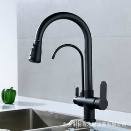 铜黑色三合一纯净水器冷热水龙头 厨房抽拉直饮水洗菜盆水龙头