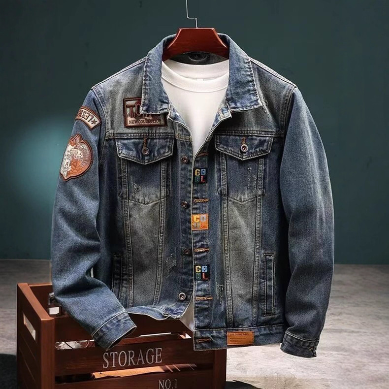 Cross-Border American Retro Denim Jacket for Men, Autumn and Winter Thickened Loose Trendy Brand High-End Embroidered Work Jacket