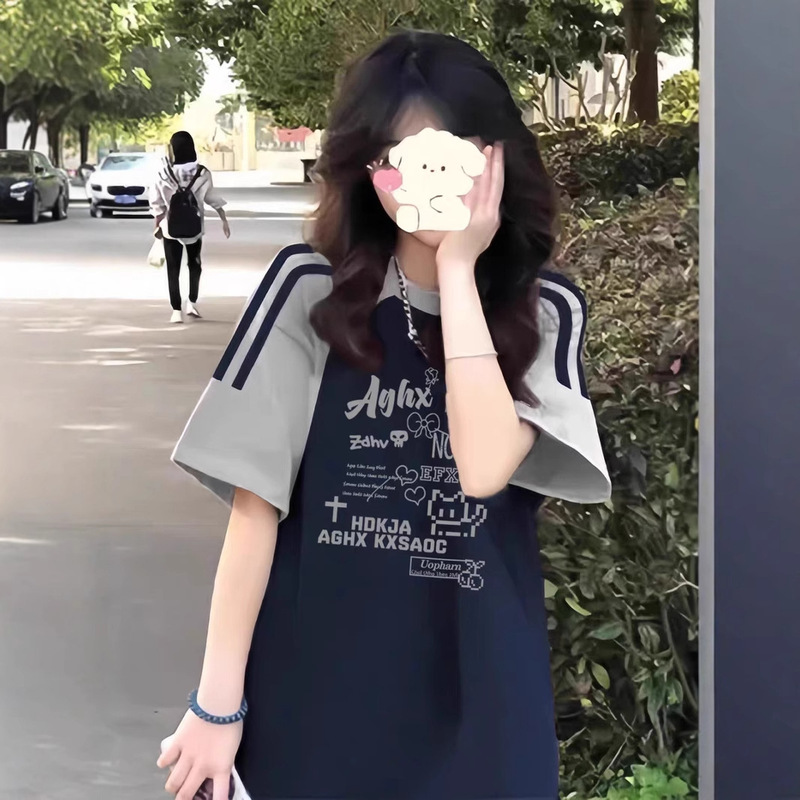 Pure Cotton Grey navy blue Three Bar Short-sleeved T-shirt Women's Summer New Loose Short-sleeved Top for High School Students Pure Cotton Grey navy blue Three Bar Short-sleeved T-shirt Women's Summer New Loose Short-sleeved Top for High School Students