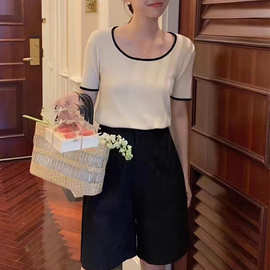 日系针织圆领短袖女2024夏季纯色套头竖条纹t恤小个子针织衫女装