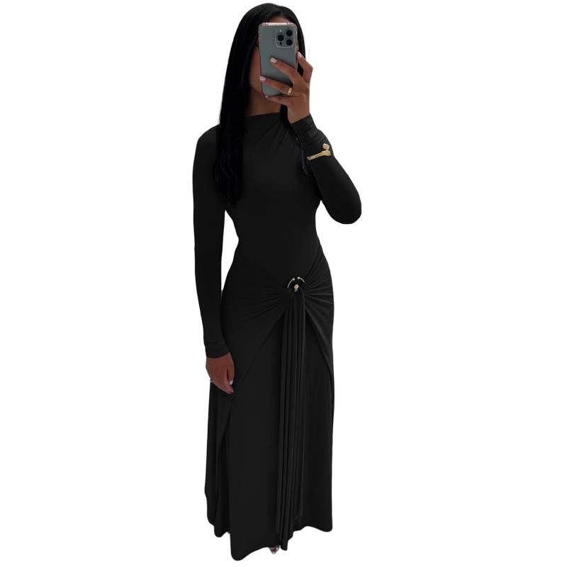 Comercio exterior Europa y América 2025 otoño nuevo estilo ropa de mujer temperamento de color sólido elegante decoración de manga larga con hebilla vestido de correa mujer image 6