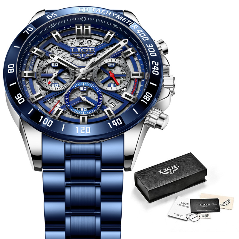 LIGE 8944 nuevo cinturón de acero de seis pines ahuecado personalidad de la moda de los hombres de moda reloj de regalo