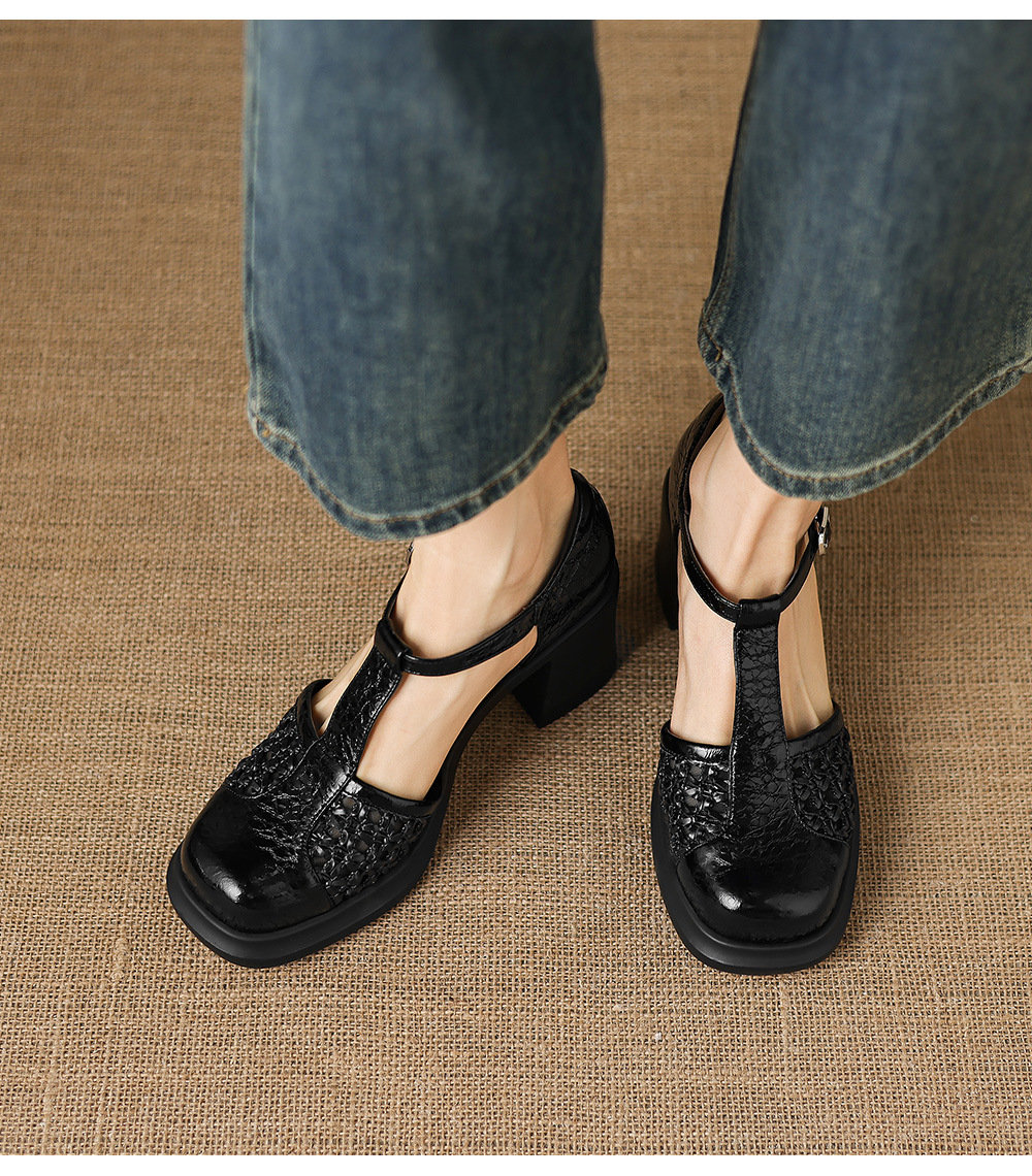 Sandal cao gót nữ quai ngang phong cách vintage, gót 8.5 cm, đế dày, mũi kín — đen chi tiết 16