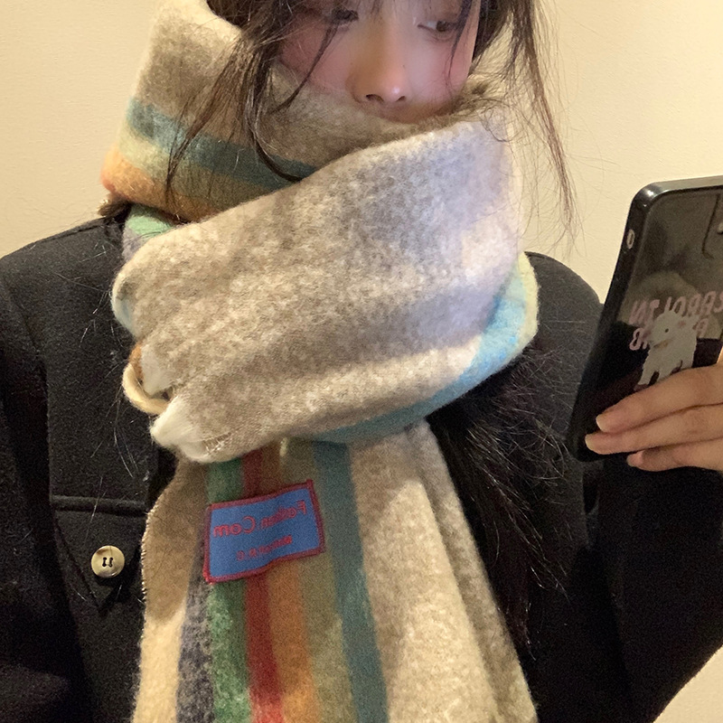 Long Rainbow Striped Mohair Scarf For Women Winter Warmth_voghion.com