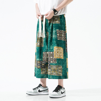 2023 Summer Wide-leg Loose Capri Pants Beach Pants Floral Thin Men's Vintage Cotton and Linen Ethnic Style Large Size Trendy