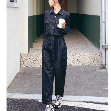 休闲减龄藏蓝色牛仔衬衫连体裤女2025春秋洋气超火巨好看工装长裤