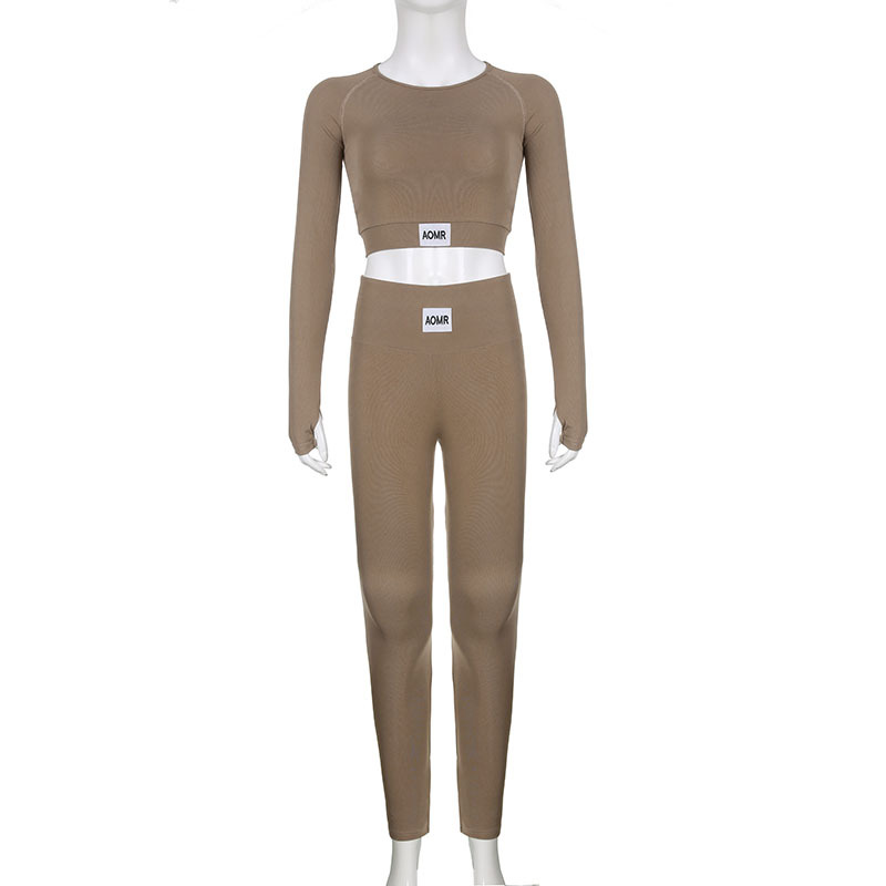 Solid Color Tight Letter Graphic Zhang Zi round Neck Long Sleeve Short Top High Waist Skinny Trousers Sports Yoga Two Piece Set