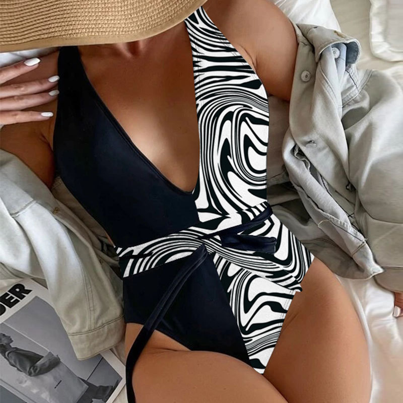 print cross sling backless lace-up v neck one-piece swimsuit NSLRS123656