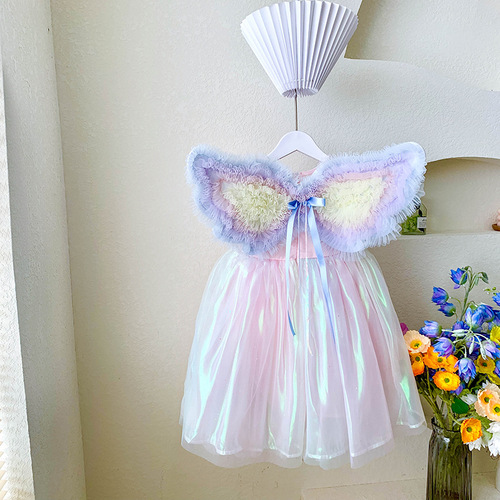  summer children's clothing skirts for small and medium-sized children princess skirts rainbow puff sleeves butterfly wings colorful gauze dress skirt