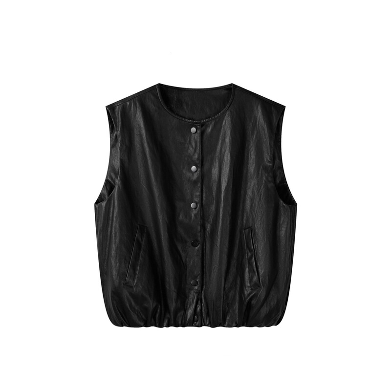 Plus Size Black Pu Leather Jacket Women's Autumn and Winter New Style Cool Motorcycle Vest Design Cardigan Vest Top