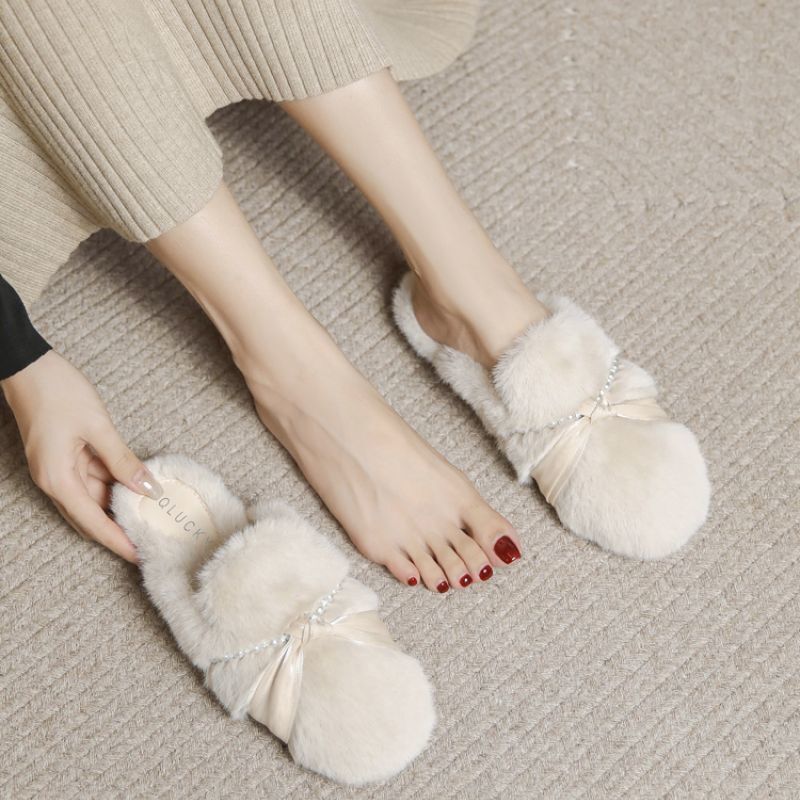 Autumn and Winter Furry Shoes, Outer Wear Cotton Shoes with Skirts, Flats Furry Slippers for Women, Fairy Style Fleece-Lined Half Slippers
