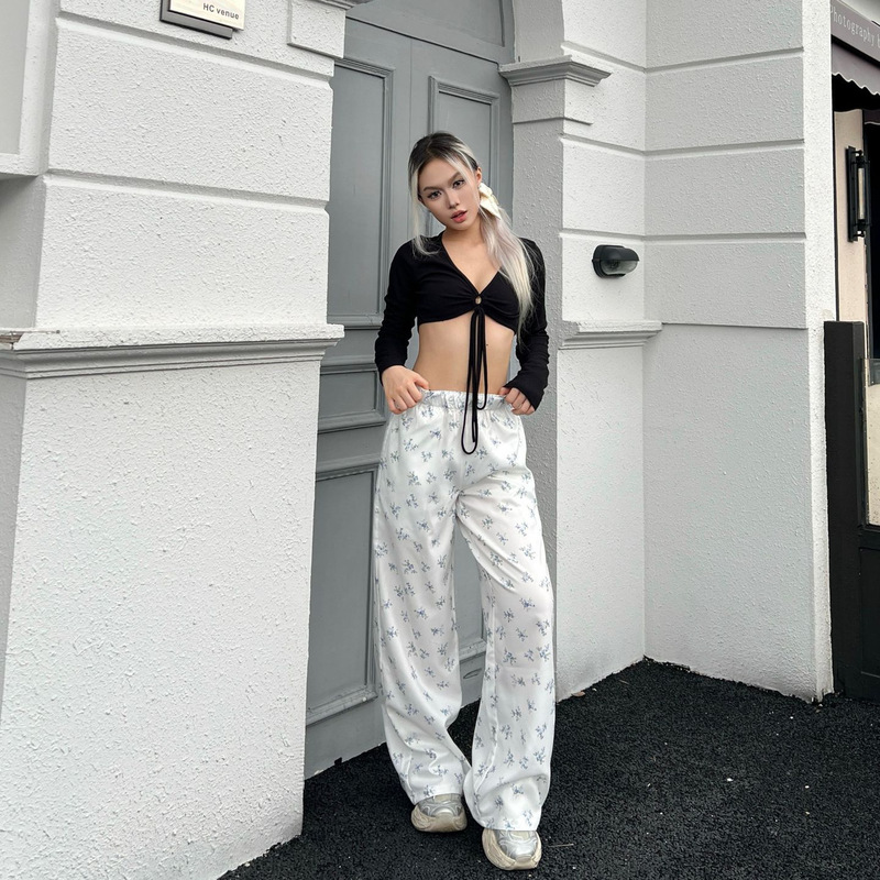 Hollister Little Seagull Letter Cuff Floral Loose Versatile American Style Women's Casual Pants Sleep Pants