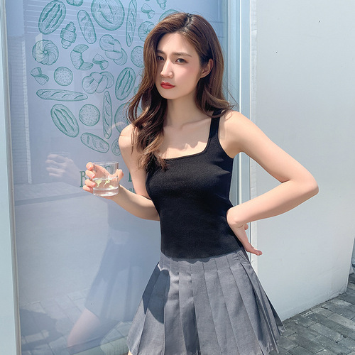 New Summer Women's Sheer Knit Tank Top with Square Neck, Backless Casual Top for Trendy Girls, Short-Sleeved Underwear and Base Layer Shirt