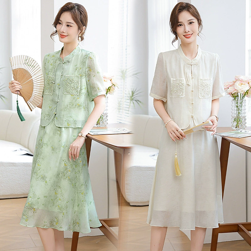 Новый летний комплект из двух предметов в стиле шинуазри для мам 2025 года, летний костюм с короткими рукавами и юбкой для женщин среднего и пожилого возраста