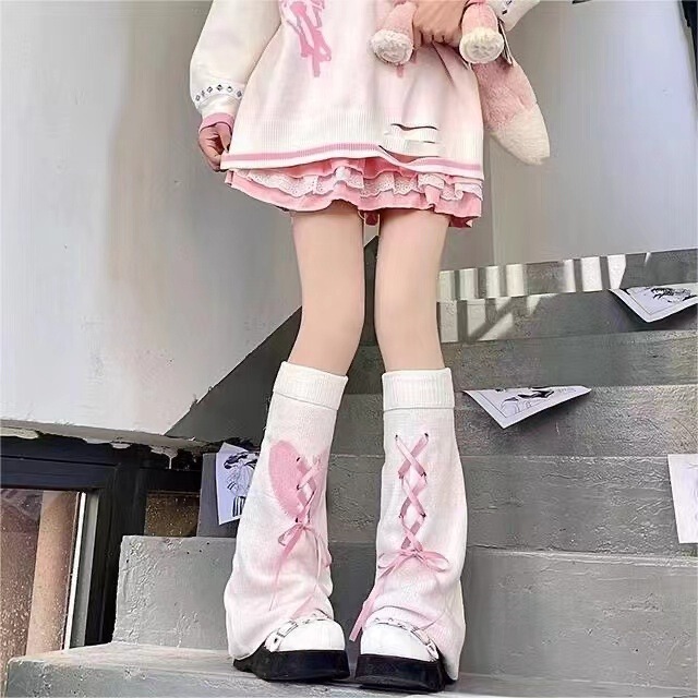 Millennial Hot Girl White Wide-Leg Loose Stacked Socks with Cross-Tie Heart Dopamine Sweet Girl Jk Leg Warmers