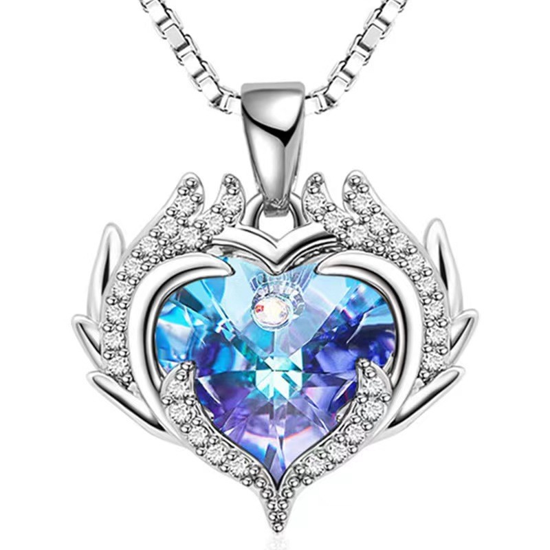 Collar de corazón de océano para mujer – colgante de cristal en forma de corazón, cadena de clavícula de acero inoxidable