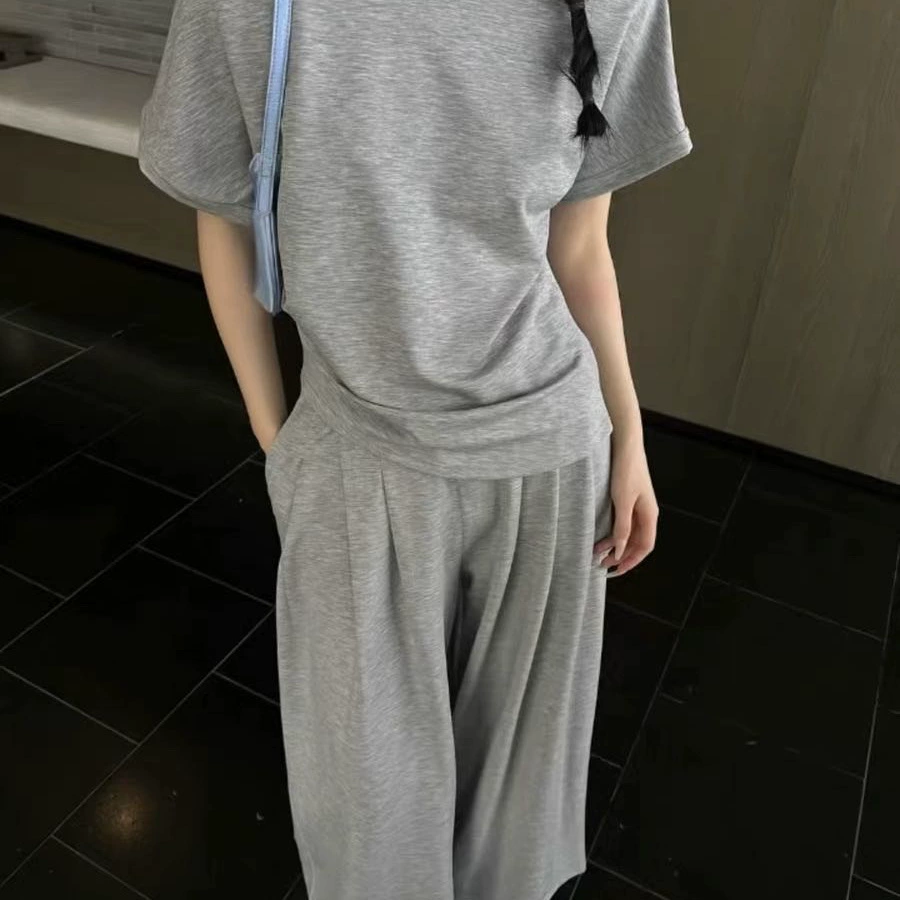 胖MM时尚套装洋气阔腿裤时尚减龄斜肩半袖上衣两件套显瘦休闲